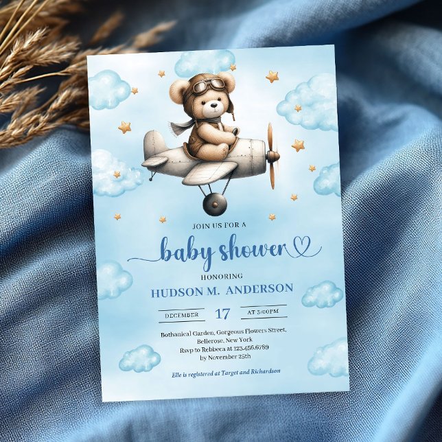 Invitación Charming Blue Brown Teddy Bear Pilot Baby Shower  (Charming Blue Brown Teddy Bear Pilot Baby Shower Invite

)