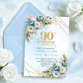 Invitación Charming Boho Blue Floral Eucalyptus 90th Birthday