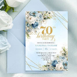 Invitación Charming boho blue florals gold frame 70th birthda
