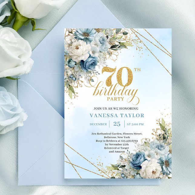 Invitación Charming boho blue florals gold frame 70th birthda (Charming boho blue florals gold frame 70th birthday

)