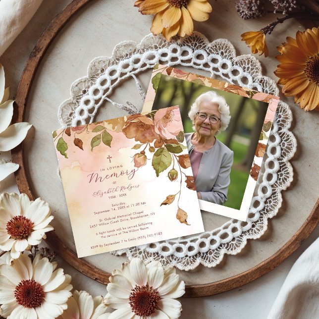 Invitación Charming Brown Floral Watercolor Effect Funeral  (Charming Brown Floral Watercolor Effect Funeral Invitation Design with Back Photo.)