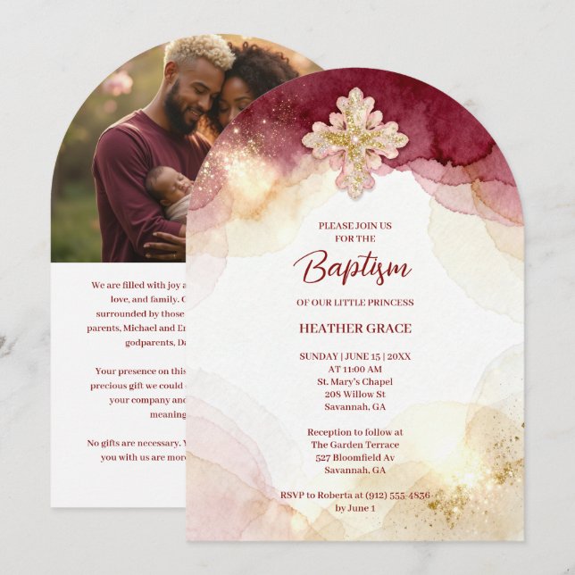 Invitación Charming Cross Burgundy & Gold Glitter Baptism (Anverso / Reverso)