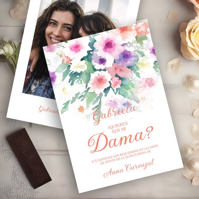 Invitación Charming Delicate Colorful Wildflowers Quinceañera (Peach Spanish Charming Delicate Colorful Wildflowers Quinceañera Dama with Photo Proposal Card. )