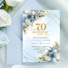 Invitación Charming dusty blue florals gold frame 70th bday