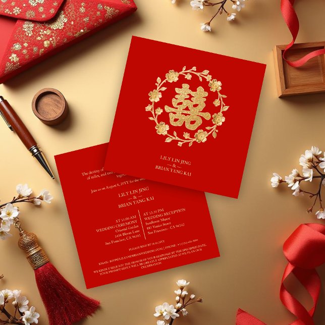Invitación Charming Glitter Floral Chinese Double Happiness (Charming Glitter Effect Floral Chinese Double Happiness Symbol Wedding Invitation. )