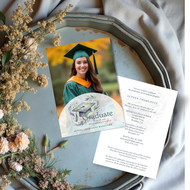 Invitación Charming Graduate Cap Blue and Green Shades (Charming Graduate Cap Blue and Green Shades Watercolor Effect Photo Graduation Invitation Card.)