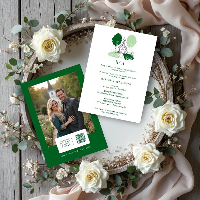 Invitación Charming Green Church Illustration Christian (Charming Green Shades Church Illustration Christian Wedding Invitation Cards with Back Photo.)