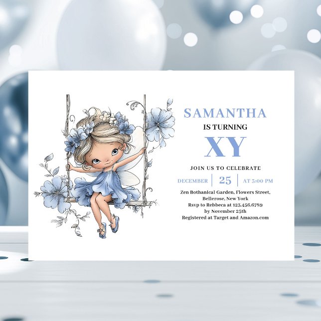 Invitación Charming Hada Azul Niña 5to Cumpleaños Pastel (Charming Blue Fairy Girl 5th Birthday Pastel invitation)