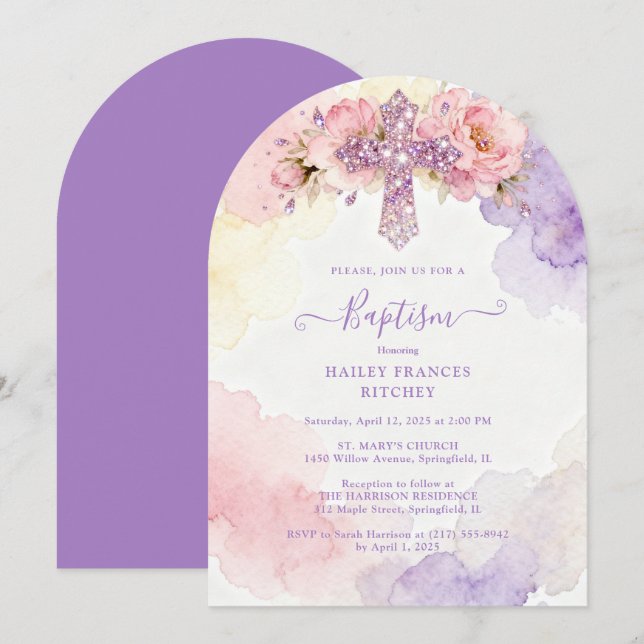 Invitación Charming Lavender Glitter Floral Cross Baptism (Anverso / Reverso)