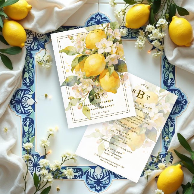 Invitación Charming Mediterranean Botanical Floral Lemons (Charming Romantic Mediterranean Botanical Floral Lemons Branch Composition Wedding Invitation Cards )