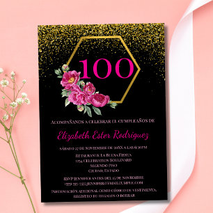 Invitación Charming Negro Español y Rosa Cumpleaños 100