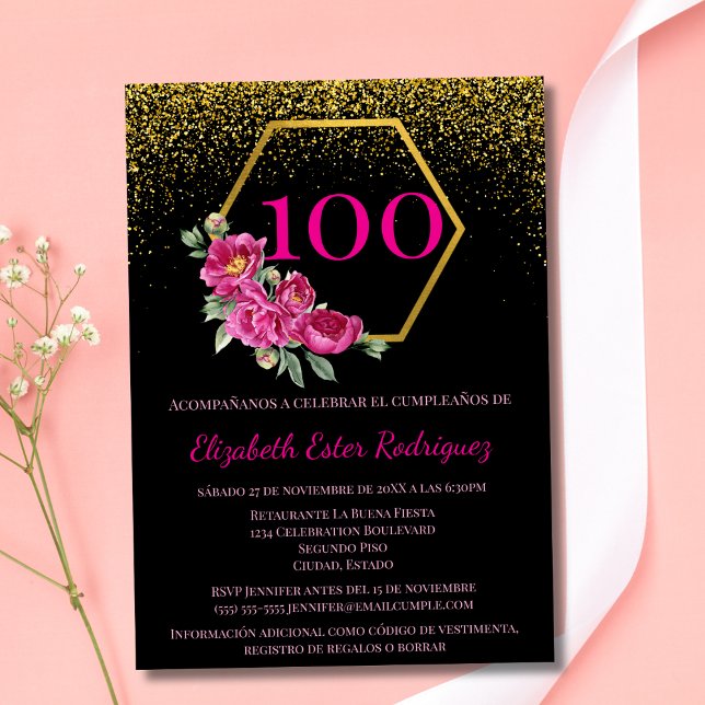 Invitación Charming Negro Español y Rosa Cumpleaños 100 (Subido por el creador)