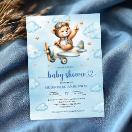 Invitación Charming pilot teddy bear blue boy shower invites