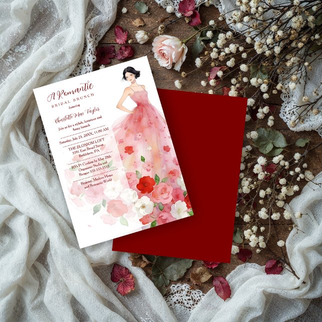 Invitación Charming Pink Floral Model Bridal Shower (Charming Pink Floral Tulle Bridal Shower Invitation Featuring Model Woman.)