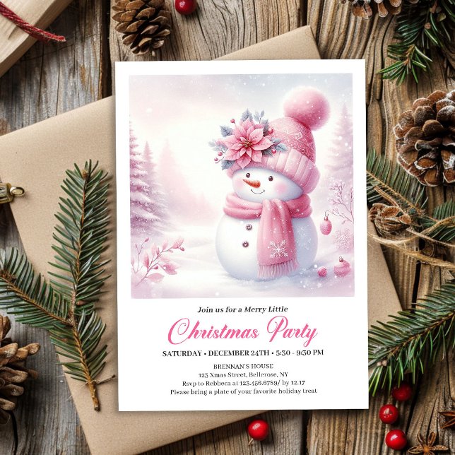 Invitación Charming Pink Snowman Kids Editable Christmas  (Charming Pink Snowman Kids Editable Christmas Invitation

)
