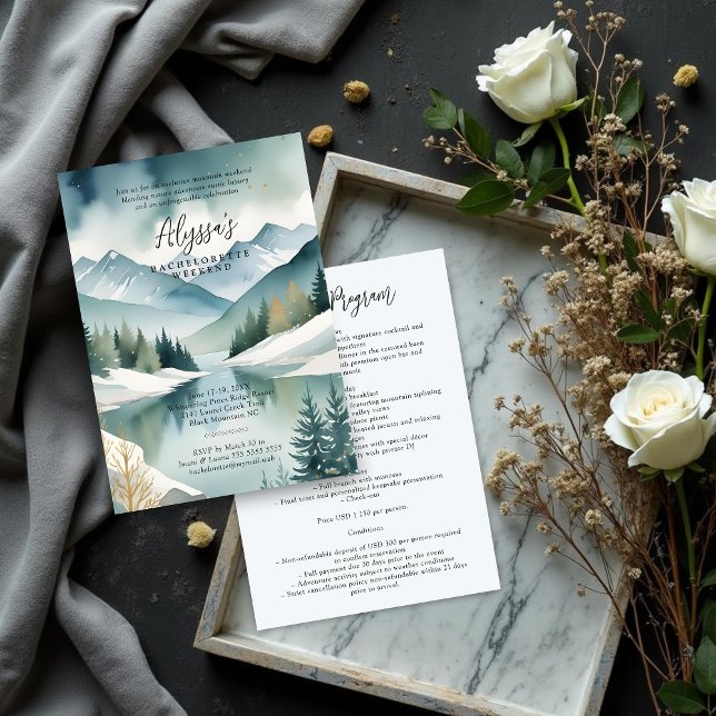 Invitación Charming Rustic Mountains Landscape Watercolor (Charming Rustic Mountains Landscape Watercolor effect Bachelorette Weekend Invitation Design.)