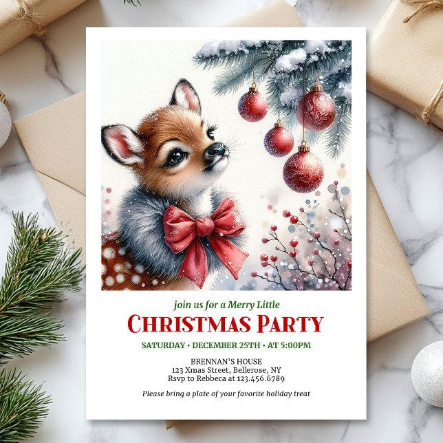 Invitación Charming snowy forest baby deer Christmas invite  (Charming snowy forest baby deer Christmas invite editable template)