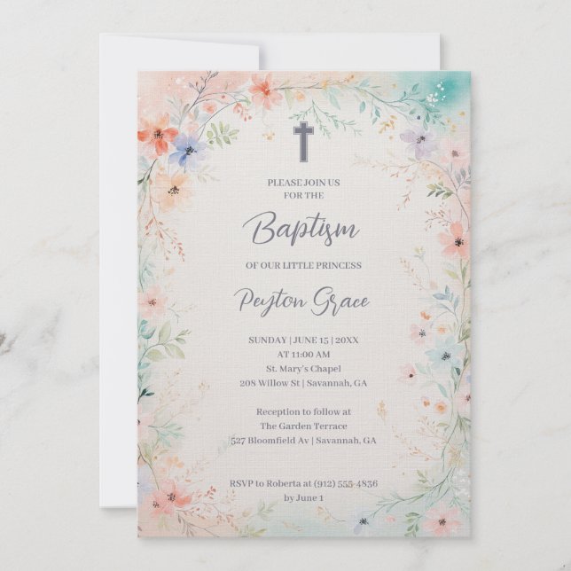 Invitación Charming Soft Botanical Floral Frame Baptism (Anverso)
