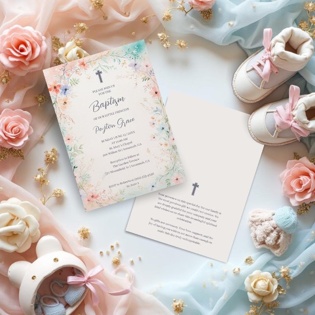 Invitación Charming Soft Botanical Floral Frame Baptism (Charming Digital Watercolor Soft Botanical Floral Frame Baptism Invitation Cards Design.)