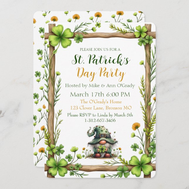 Invitación Charming Spring Clover & Gnome Invitation  (Anverso / Reverso)