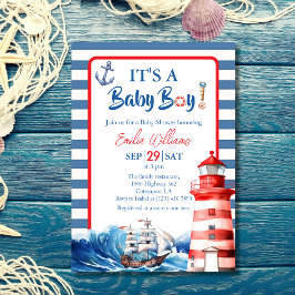 Invitación Charming Striped Blue Red Nautical Ahoy Baby Boy