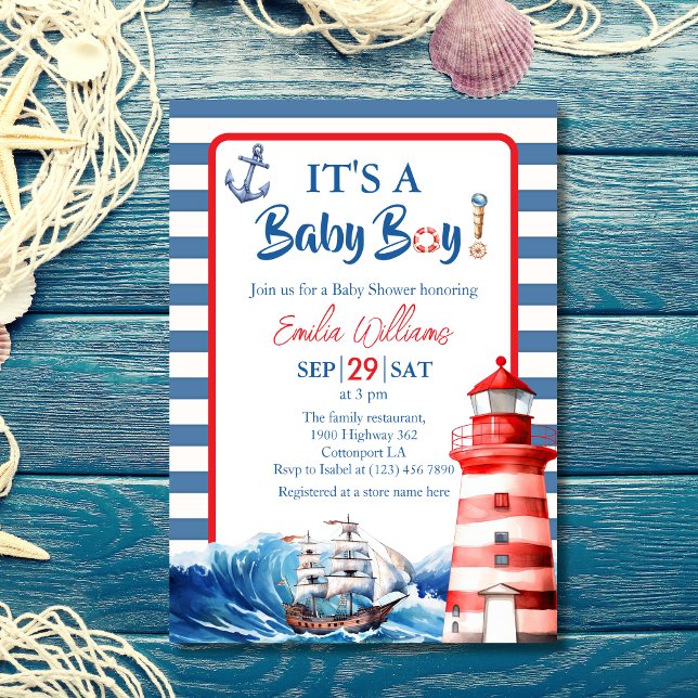 Invitación Charming Striped Blue Red Nautical Ahoy Baby Boy (Subido por el creador)