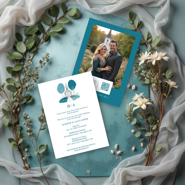 Invitación Charming Teal Church Christian Wedding (Charming Teal Church Illustration Christian Wedding Invitation Cards with Back Photo & QR Code.)