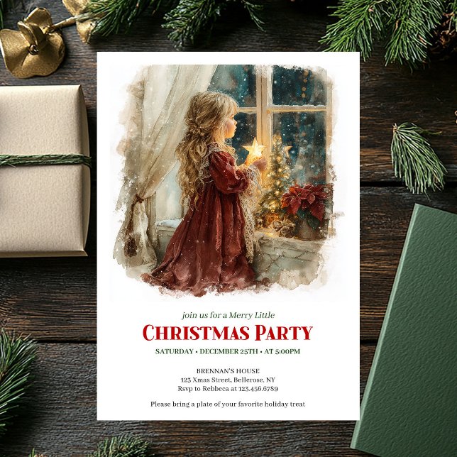 Invitación Charming Victorian Little Girl Awaiting Santa  (Charming Victorian Little Girl Awaiting Santa Printable Invite)