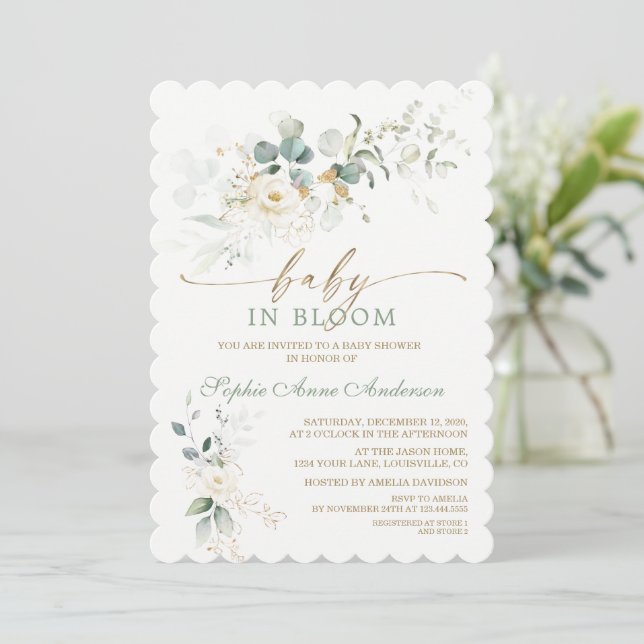 Invitación Charming White Floral Airy Leaves Baby in Bloom (Anverso de pie)