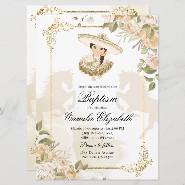 Invitación Charra Baptism, Chica española de oro (Anverso / Reverso)