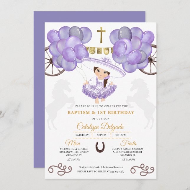 Invitación Charra, bebé morado y dorado, vestida con globos B (Anverso / Reverso)