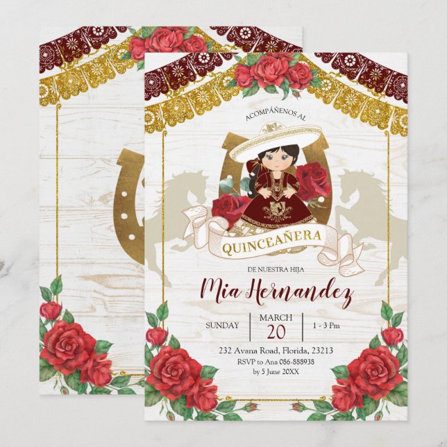 Invitación Charra Borgoña Roja Mexicana Quinceanera Occidenta (Anverso / Reverso)