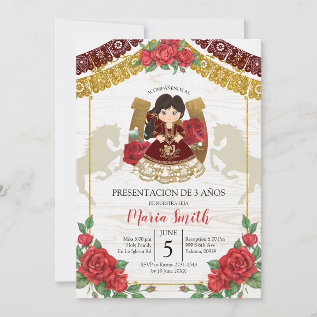 Invitación Charra Burgundy Rojo Rosa Mexicano Tercer Cumpleañ (Anverso)