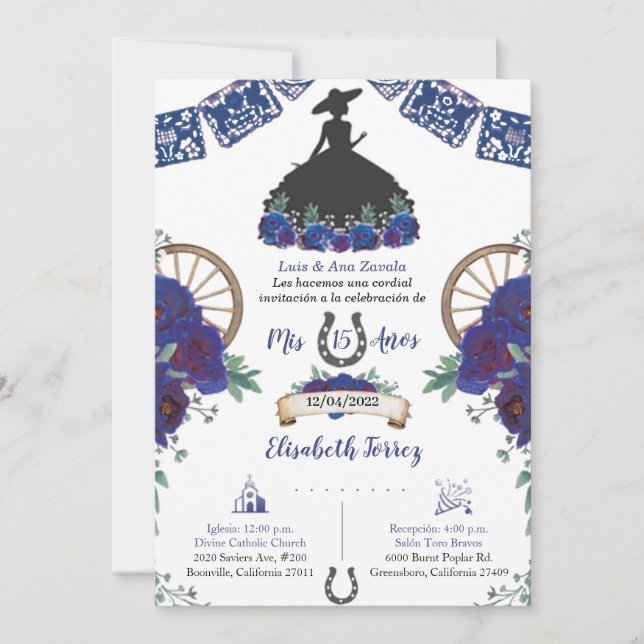 Invitación Charra con vestido negro azul, Charro M (Anverso)