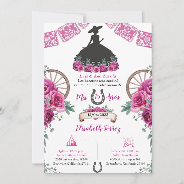 Invitación Charra con vestido negro rosado, Charro (Anverso)