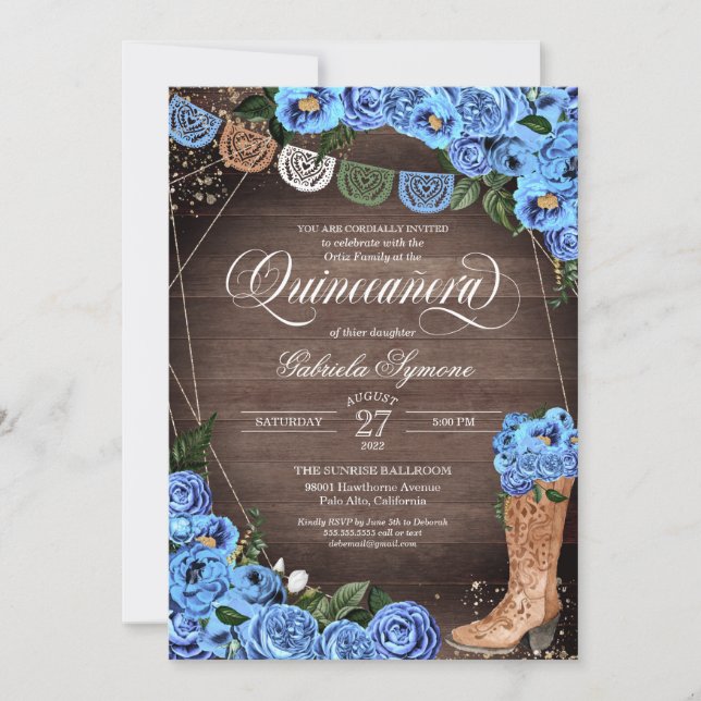 Invitación Charra de campo azul cielo ruso bota Quinceañera (Anverso)