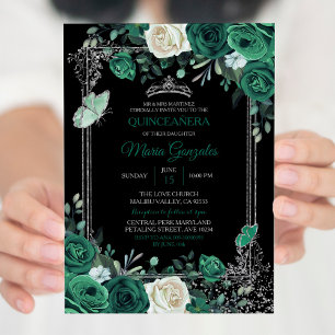 Invitación Charra mexicana verde esmeralda Quinceanera negra