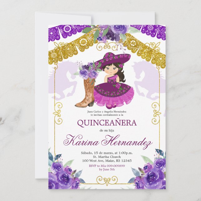 Invitación Charra Mis Quince, Chica mexicano morado y dorado (Anverso)