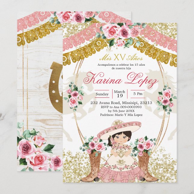 Invitación Charra Mis Quince del arranque rosa de México occi (Anverso / Reverso)