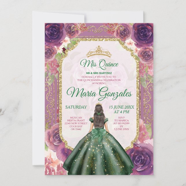 Invitación Charra Mis Quince Emerald Green Chica de Plum Flor (Anverso)