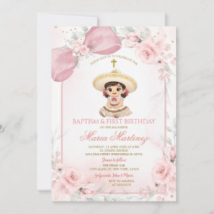Invitación Charra niña de bautizo y primer cumpleaños floral 