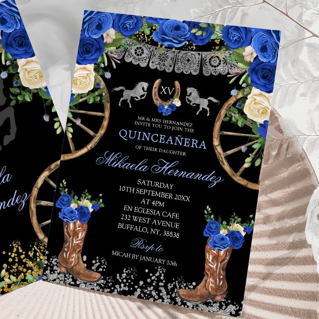 Invitación Charra Quinceañera azul y plata de la Marina Negra (Subido por el creador)