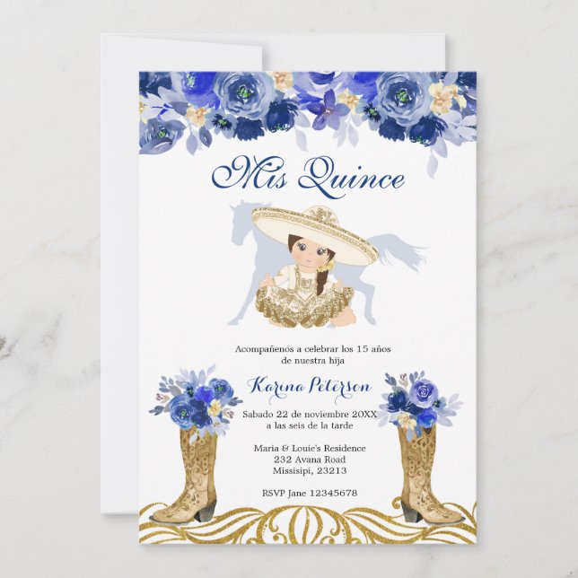 Invitación Charra Quinceanera de arranque español azul y oro (Anverso)