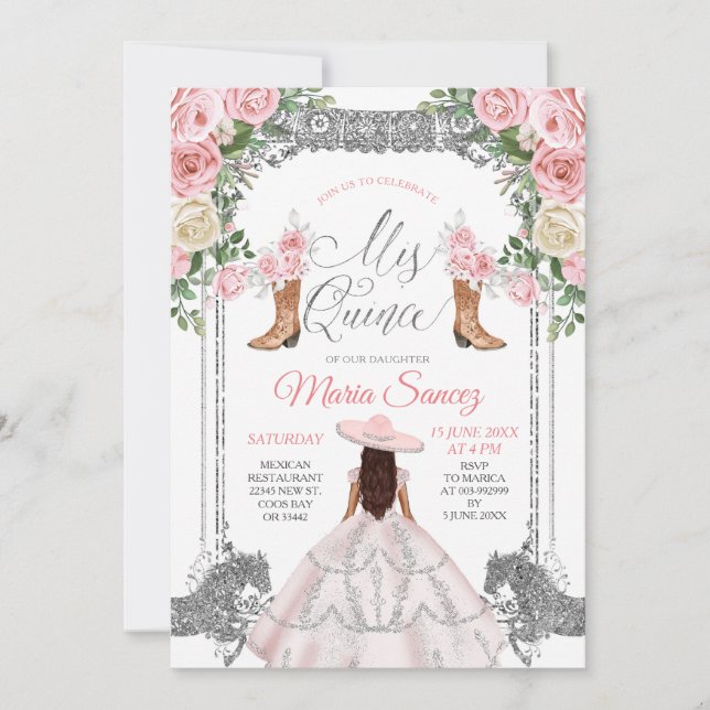 Invitación Charra Quinceanera floral de plata y rosa cumpleañ (Anverso)