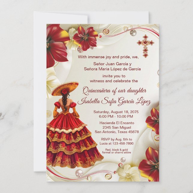 Invitación Charra Quinceanera floral elegante de oro rojo (Anverso)