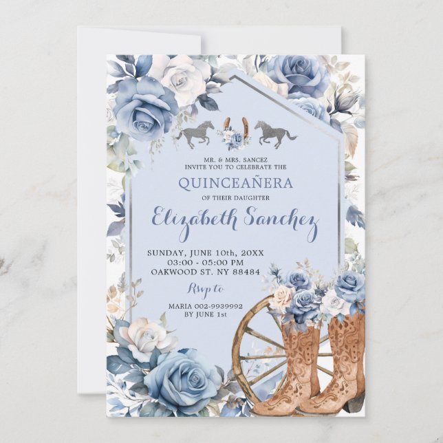 Invitación Charra Quinceañera Occidental Plata y Dusty Azul (Anverso)