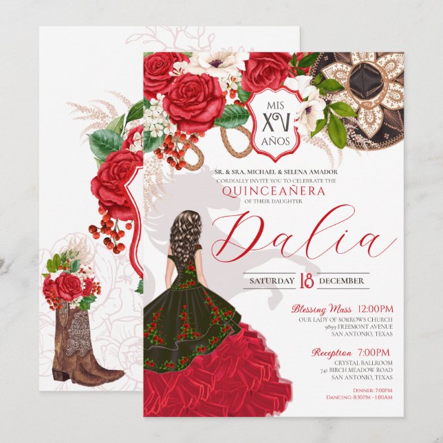 Invitación Charra Quinceañera Red Rose Floral Escudo Occident (Anverso / Reverso)