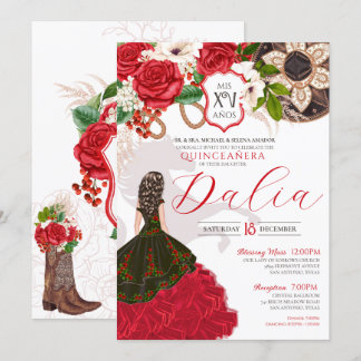 Invitación Charra Quinceañera Red Rose Floral Escudo Occident