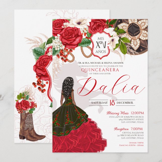 Invitación Charra Quinceañera Red Rose Floral Escudo Occident (Anverso / Reverso)