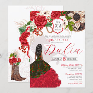 Invitación Charra Quinceañera Red Rose Floral Escudo Occident